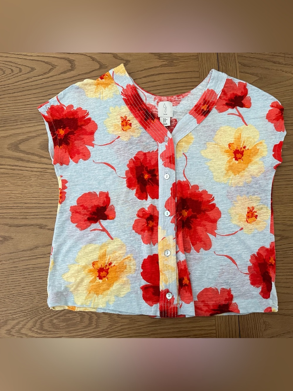 Joie Floral Linen blend Button-Front Blouse - Red & Yellow on Light Gray